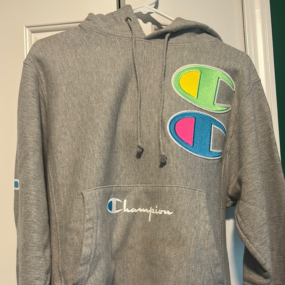 Champion Gray Hoodie with Vibrant Logo